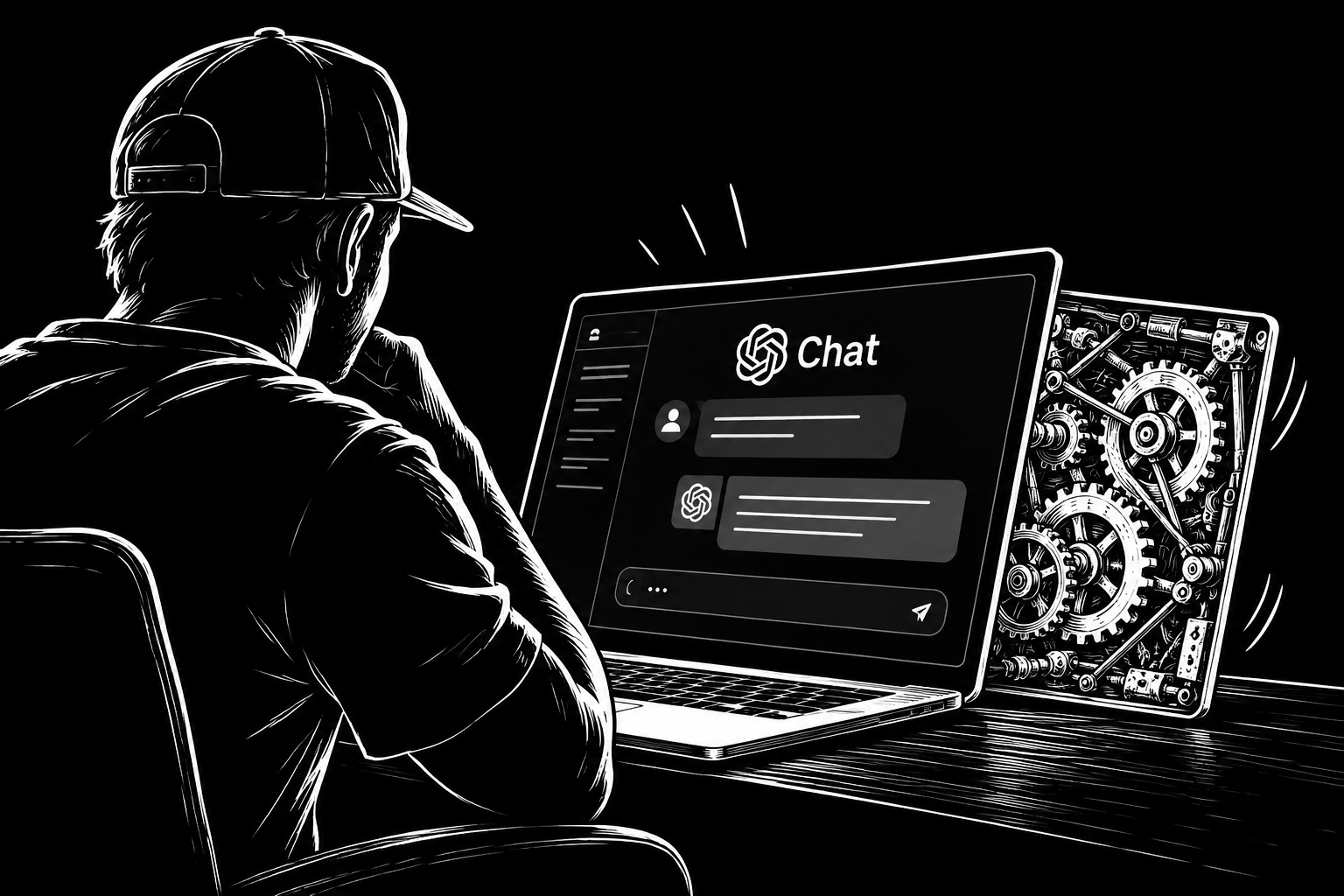 Black and white illustration of a person using an AI chat on a laptop, with exposed gears and machinery behind the screen.